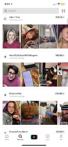 TikTok discover page featuring the latest trending videos