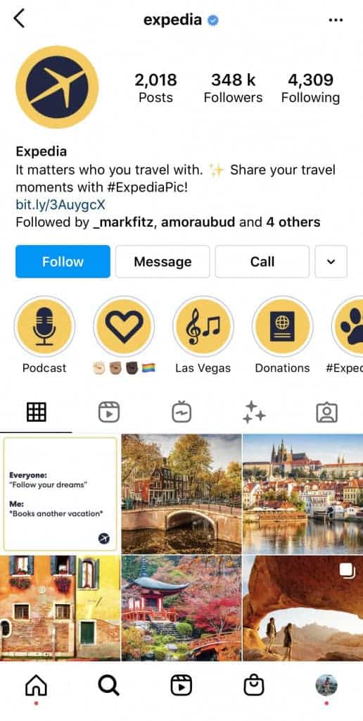 Expedia's Instagram profile