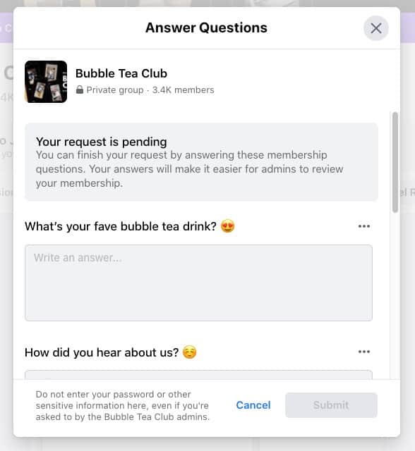 Questionnaire for users joining a Facebook Group