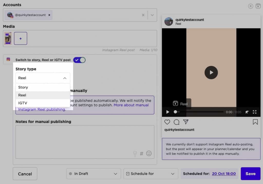 Scheduling an Instagram Reel post