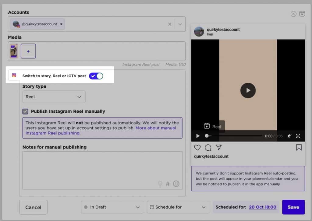 Scheduling an Instagram Reel post