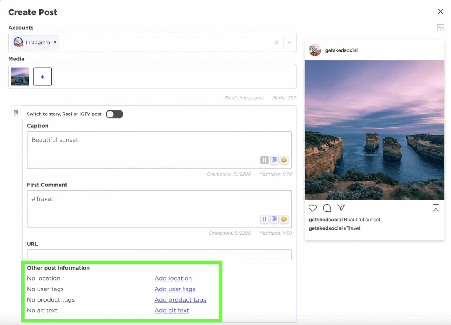 Adding product tags to Instagram post on Sked Social