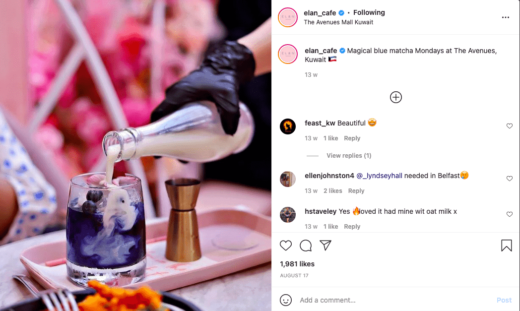Elan instagram picture showing dining becoming an experience
