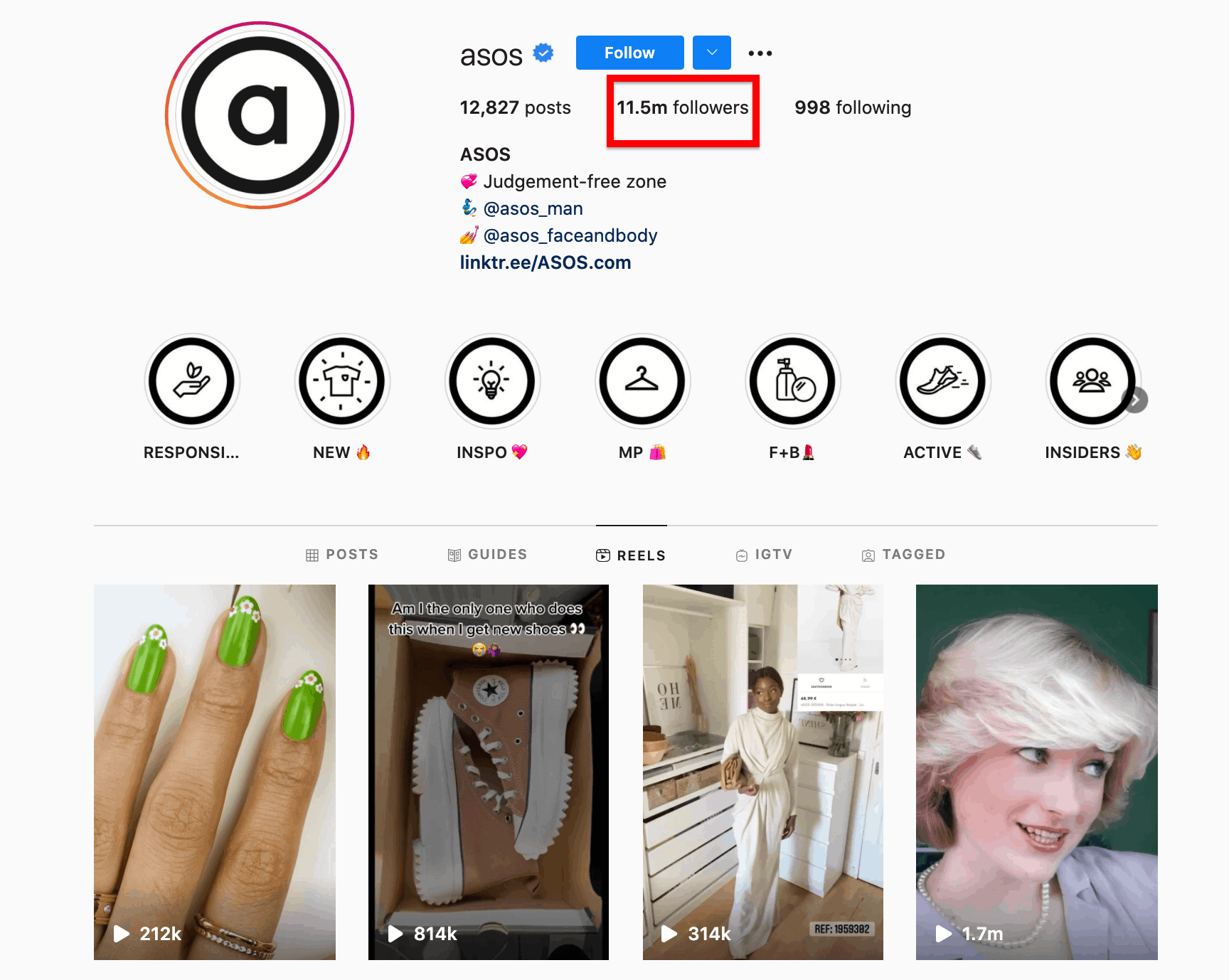 ASOS profile highlighting their 11.5million followers