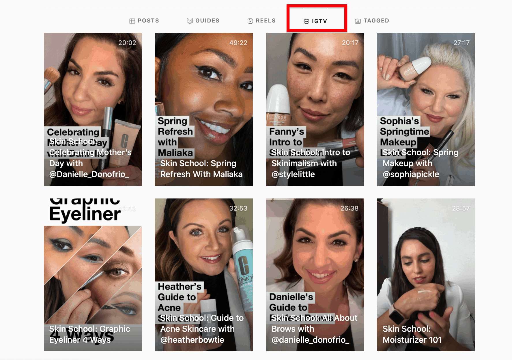 Women holding Clinique products in thumbnails of IGTV series