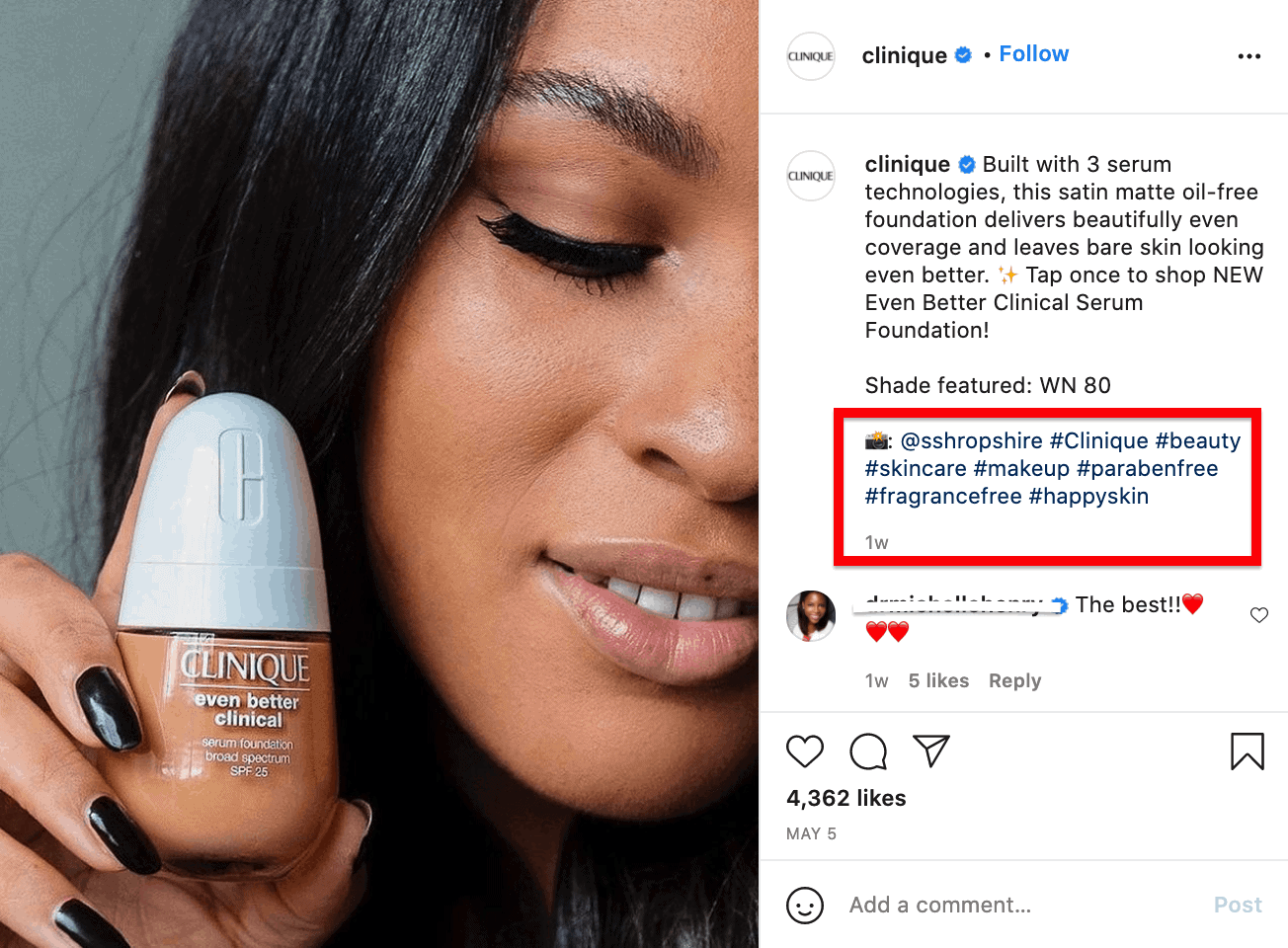 Clinique customer holding foundation product next to her face