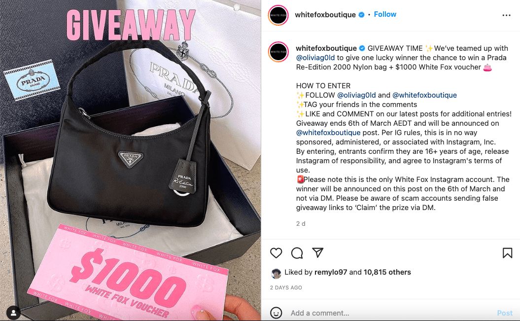 @ White Fox Boutique Instagram giveaway post