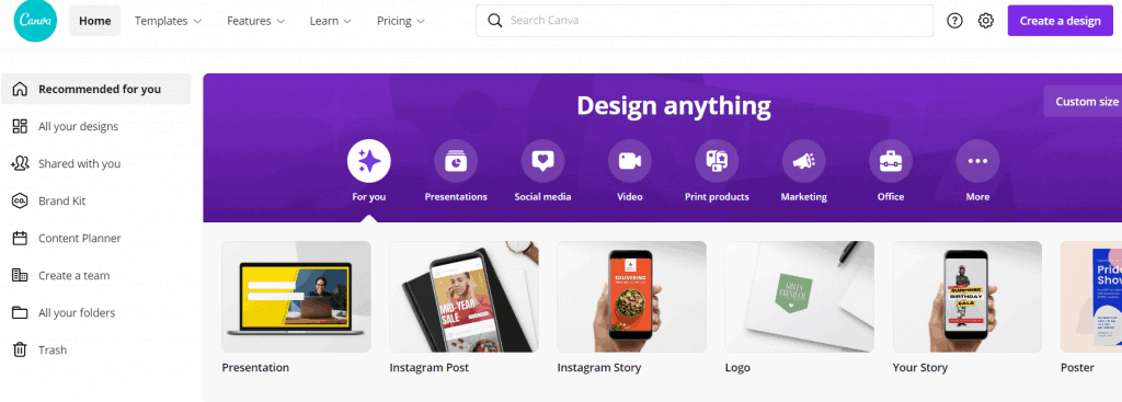 Canva dashboard