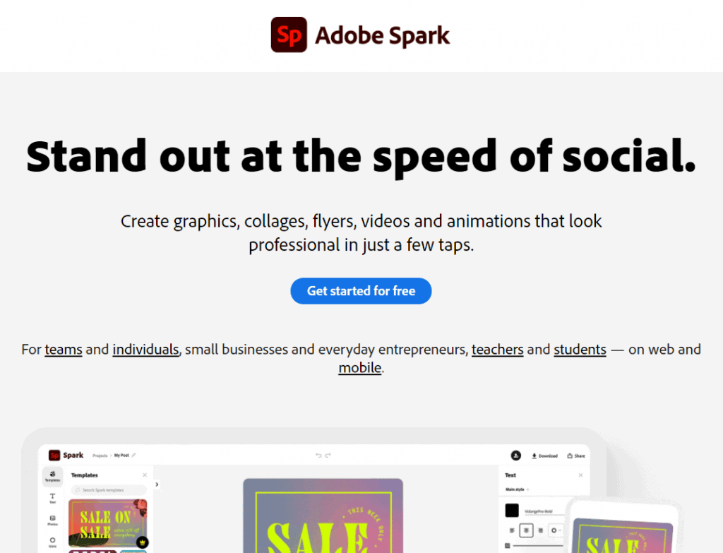 Adobe Spark graphic design creation tool