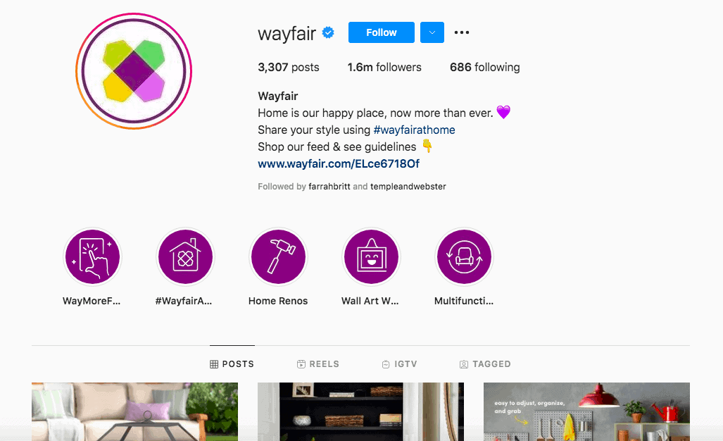 Wayfair's Instagram homepage asking for users to share their style with hashtag #wayfairathome