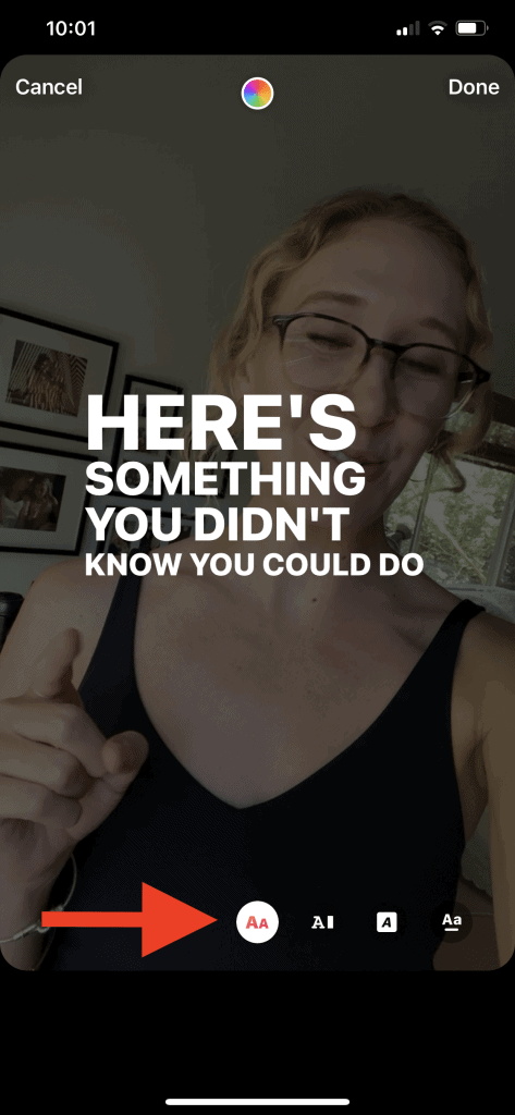 Screenshot of an Instagram Story with captions with a red arrow on the bottom of the screen pointing to the different text style options.
