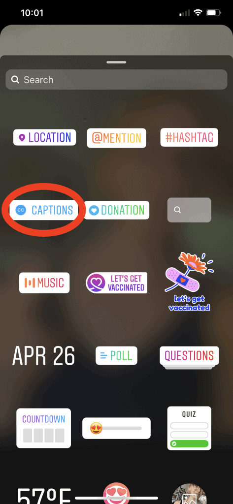 Screenshot of Instagram stickers available in Instagram Stories with a red circle around the Captions sticker.