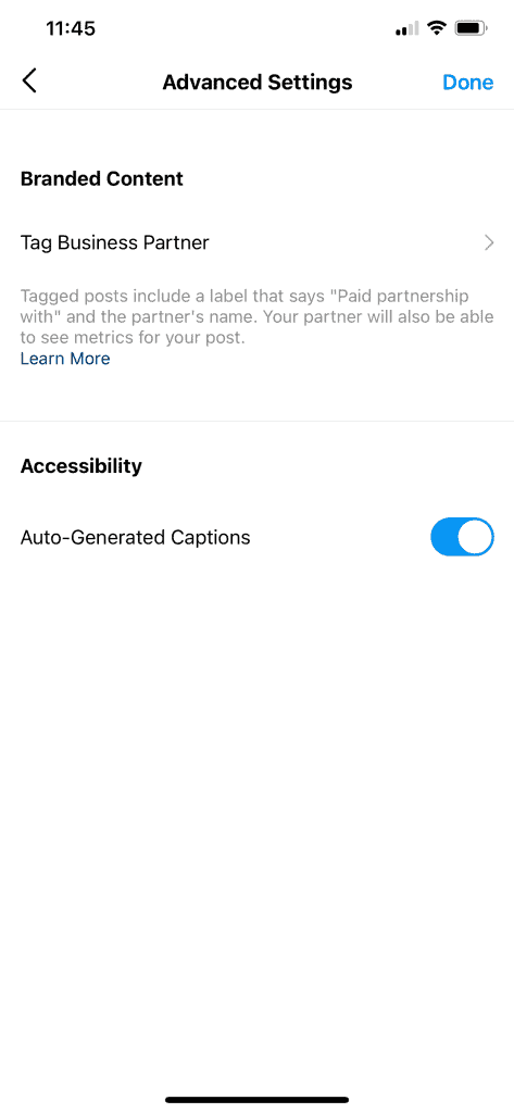 Screenshot of IGTV advanced settings showing that auto-captions are toggled on.