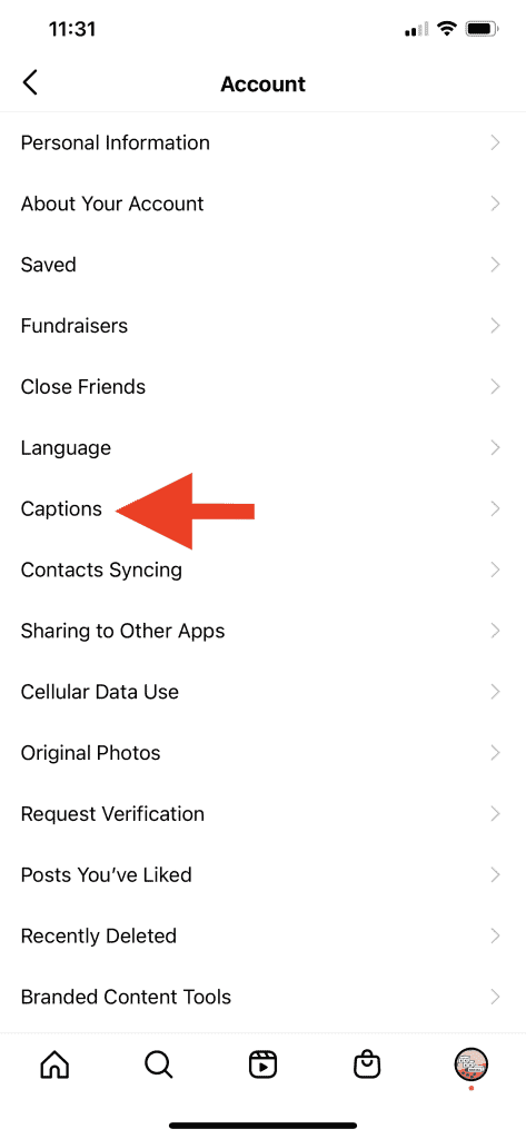 Screenshot of Instagram account settings with a red arrow pointed at the captions settings.