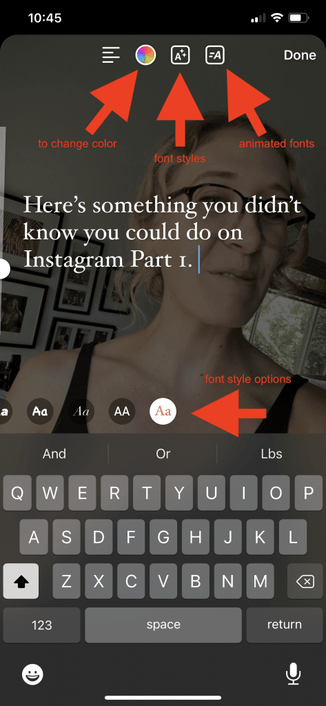 Screenshot of editing an Instagram Reels with red arrows pointing to the options for changing the text color, text style and animated text.