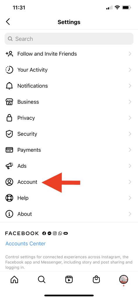 Screenshot of Instagram Settings with a red arrow pointed towards the Account part of settings.