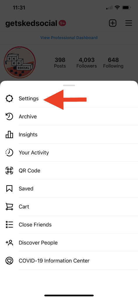 Screenshot of Instagram settings with a red arrow point towards the settings button