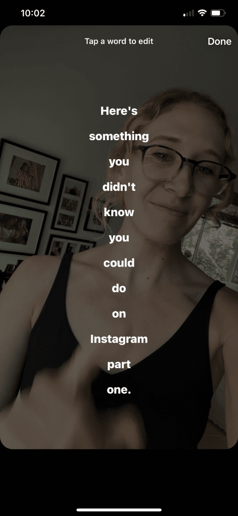 Screenshot of the Instagram story captions feature text expanded to show the feature where users can edit the text of the transcription.