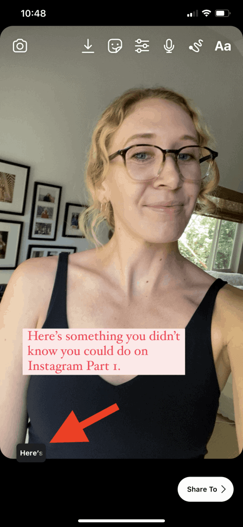 Screenshot of editing an Instagram Reel with a red arrow pointing to the tool to change the duration of the text.