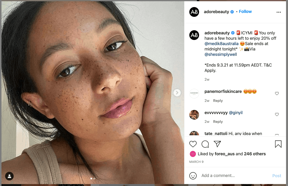 Adore Beauty reposting a girl's post with their products