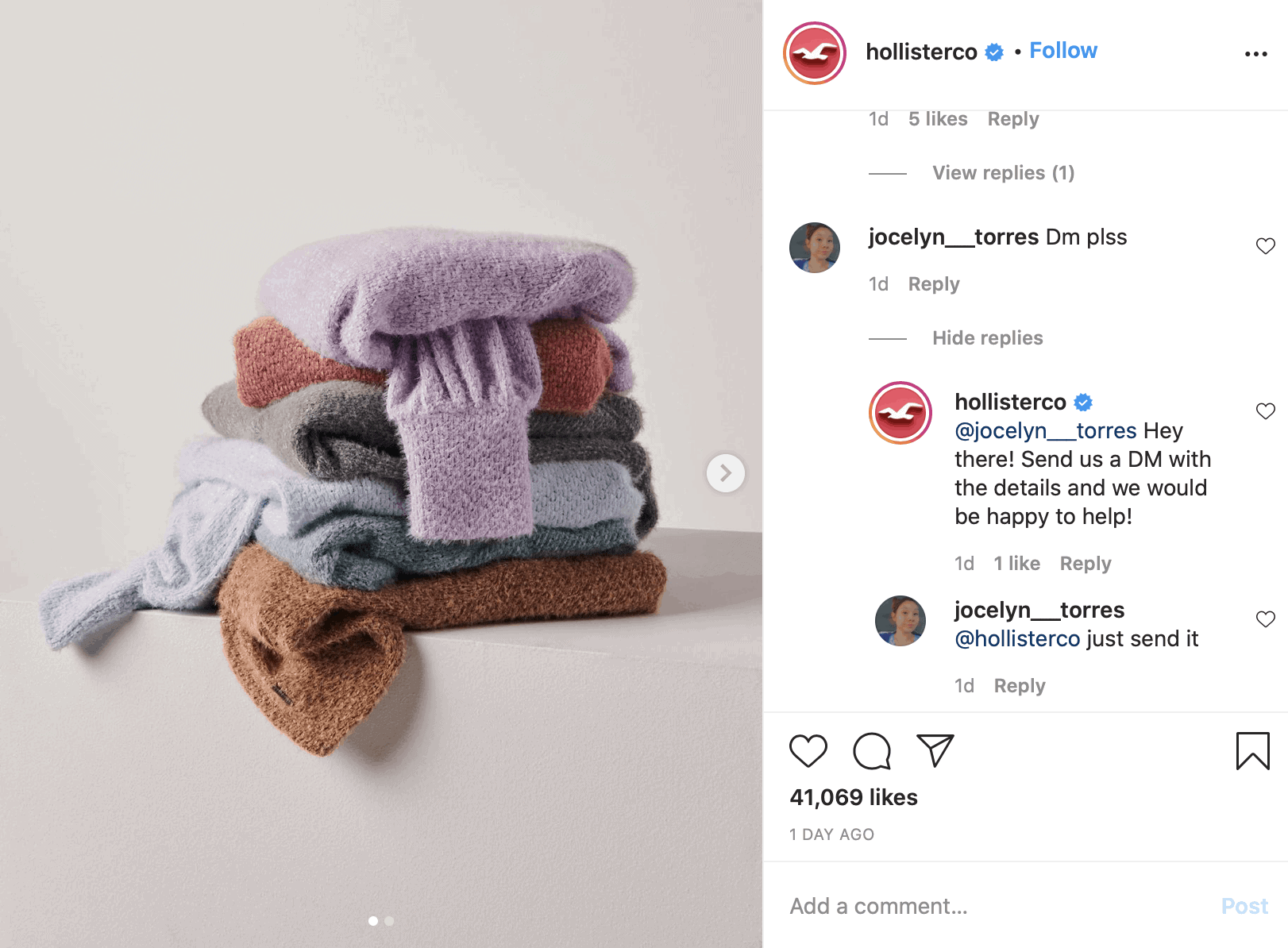 Interacting with customers on Instagram.
