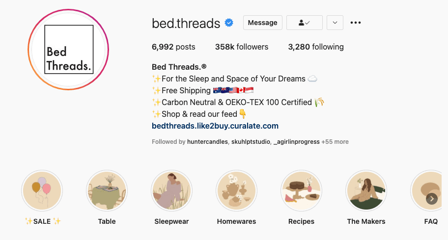 Bed Thread's Instagram bio