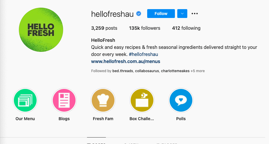 Hello Fresh's Instagram bio