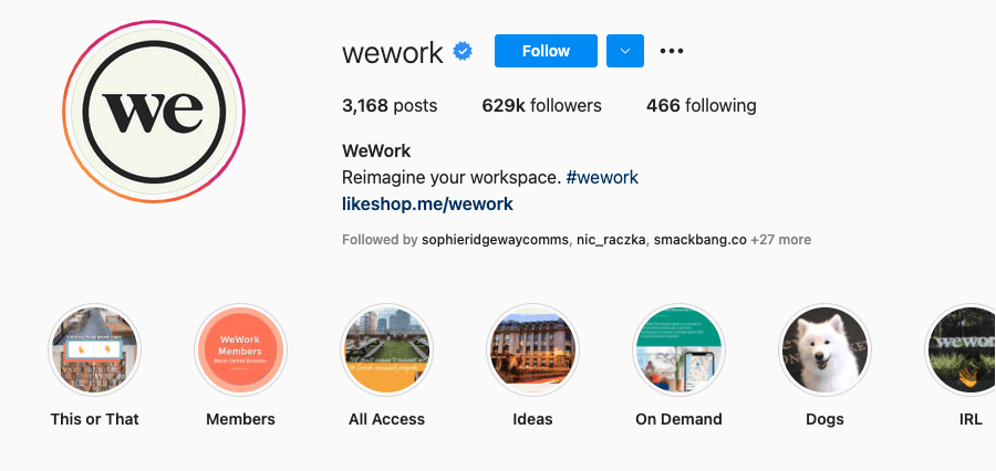 WeWork Instagram bio