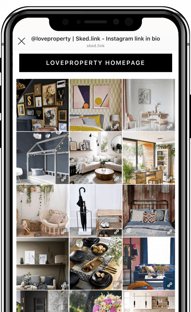 example of link in bio showing a gallery Instagram feed from @loveproperty