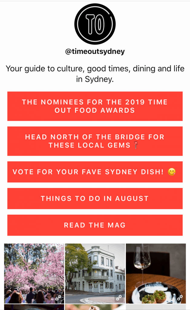 example link in bio page from @timeoutsydney