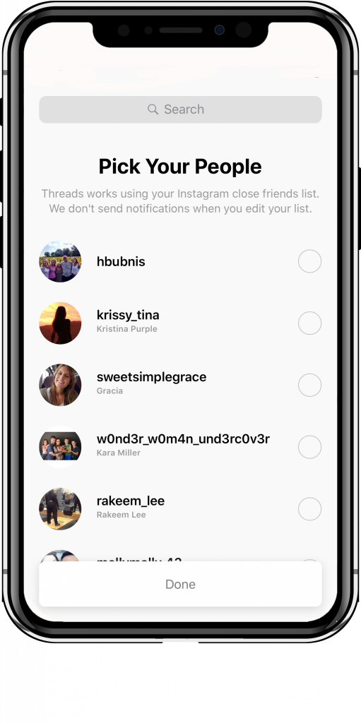 Pick you people page on Threads app