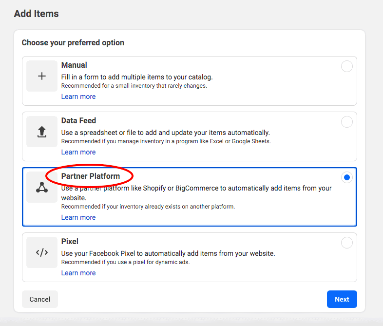 Partner platform in 'Add Items'