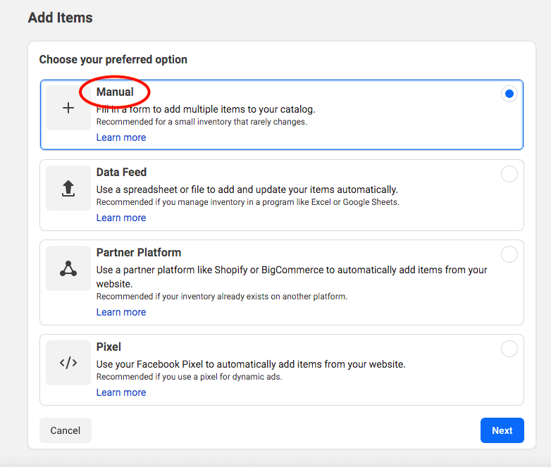 Choose manual in 'add items'