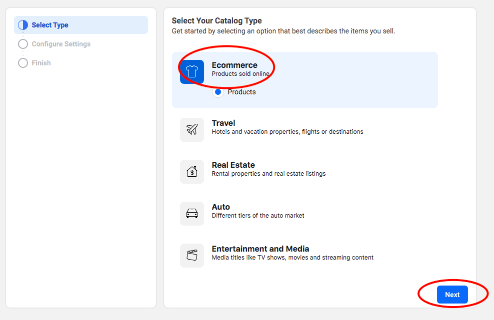 Select eCommerce in catalogue type