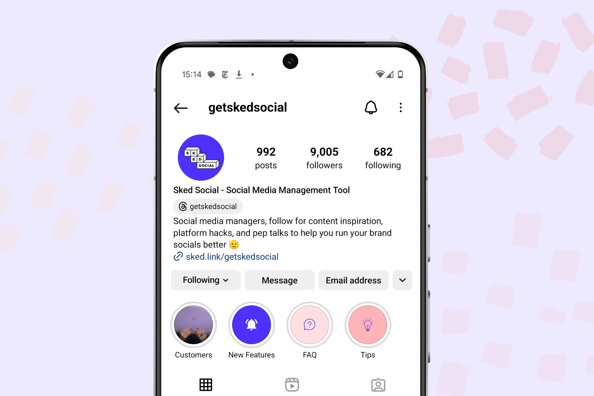A phone mockup with Sked Social's Instagram bio displayed.