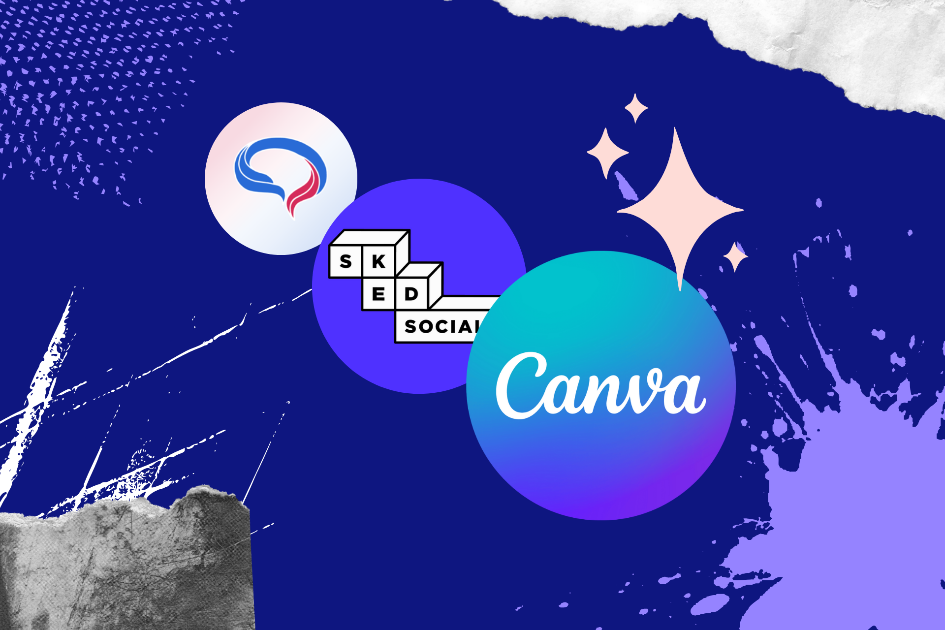 Logos of AI social media tools including Predis.ai, Sked Social, and Canva
